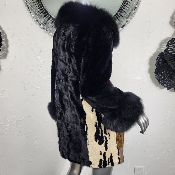 DIAGRAM~XS~BLACK ANIMAL PRINT GENUINE FOX FUR REAL CURLY LAMB MINK RABBIT COAT - Picture 7 of 16